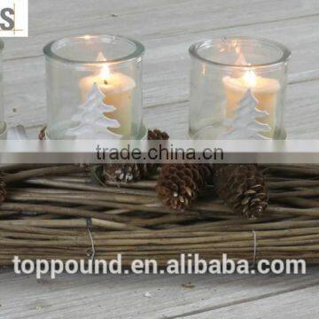 Decoratvie pinecone candle holder with white metal tree and glass cups