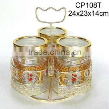 CP108T 3pcs oval glass jar with printing with golden turning rack