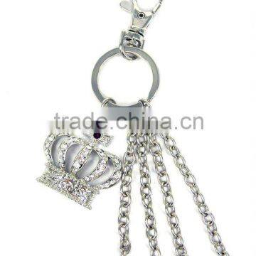 2D metal purple crystal crown charm with link chain keychain for handbag, OEM design accept