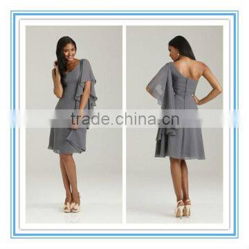 Knee-Length One Shoulder Cascading Chiffon Ruffles Metalic Ash One Sleeve Bridesmaid Dress( BDAL-4024)