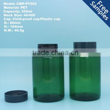 green PET Pharmaceutical plastic packaging bottle 350ml, 350cc medicine pill capsule bottle