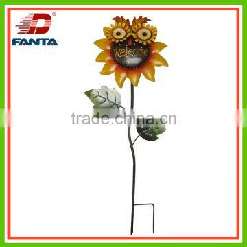 Whimsical Autumn Festival metal owl on sunflower stake for outdoor decoration