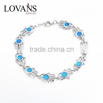 925 Sterling Silver Blue Opal Hamsa Hand Shape Bracelet SBI160W