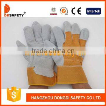 Cow Split Leather Safety Glove With Patch Palm Yellow Cotton Drill Back