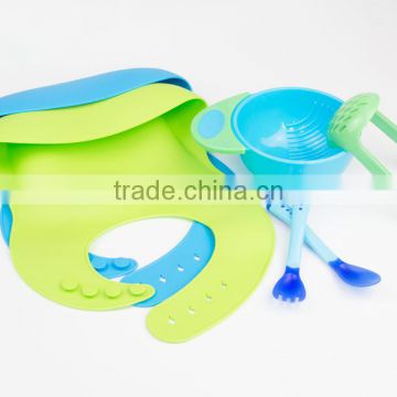 Kids Dinner Set: Suction Bowl + Food Masher + Spoon + Bib, Multiple Color, Private Label