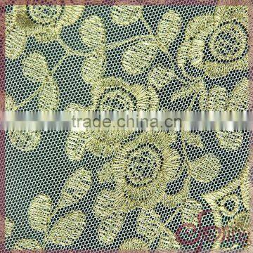 Floral Gold Metallic Yarn Embroidered Tulle Fabric, Elegant Tulle Lace Fabric photo-3