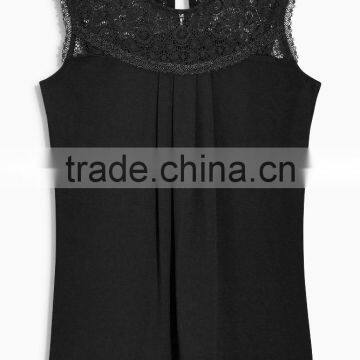2016 Fashion Jersey Sleeveless Top With Beautiful Lace Yoke HST8033 photo-5