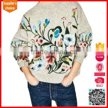 New design long sleeve crop ladies' model embroidered cotton pullover