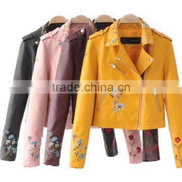 zm50327b autumn and winter new style women clothes embroidery pu coats zipper jacket lady coat