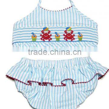 Turquoise Crab smocked bikini for baby girls