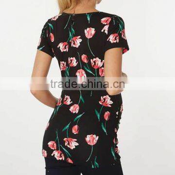 Black Tulip Print Wrap Maternity Top Clothes Cheap photo-2