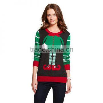 Jacquard Pattern Stripe Sleeve Cotton Knitwear Women Christmas Jumper Sweater