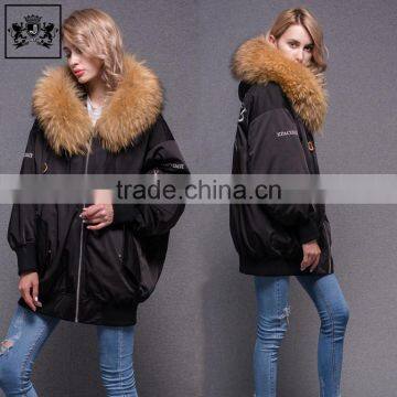 Elegant Style Women Parka Embroidered 100% Polyester Winter Fur Collar Jacket Bomber