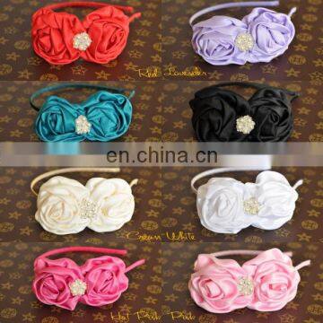 Double Silk Satin Rose Flower Pearl center with Metal Headbands For Toddlers Kids