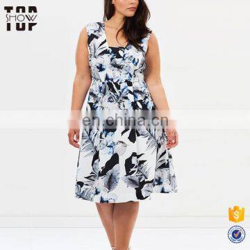 OEM double v neck tropical floral print midi plus size fat women dresses