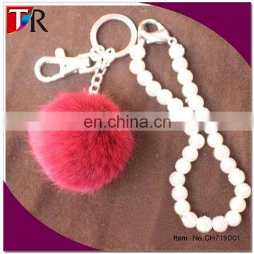 wholesale pearl and fake fur bag charm , fake fur pom pom keychain for hangbag