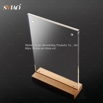 A5 140 * 258 * 48 mm Acrylic Table Stand Menu Holder With Wood Base