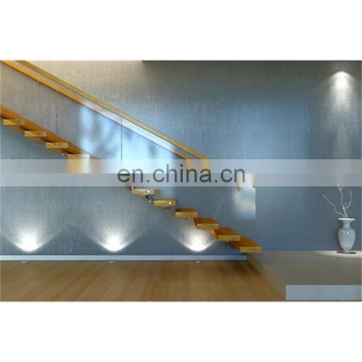 Modern Style Wooden Staircase With LED Lights Floating Straight Stairs Steel Handrail