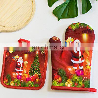 Amazon Hot Sale Heat Insulating Pot Holder Sets Printed Christmas Cotton Linen Microwave Oven Gloves Oven Mitts