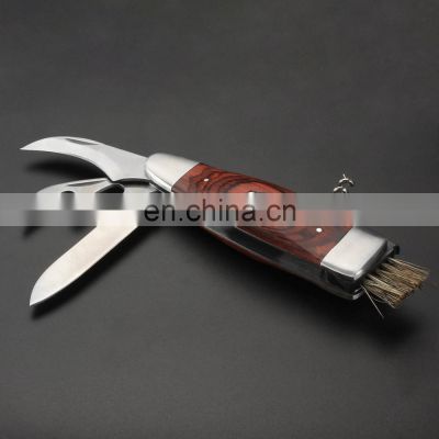 stainless steel multi function wine corkscrew  pocket folding BBQ brush knife with laguiole pakka wood handle mushroom knife