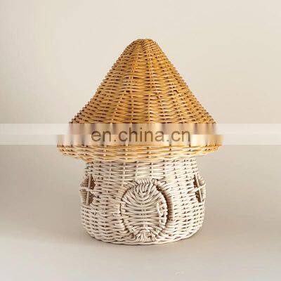 Hot Sale 2-Tone Rattan Mushroom House, Rattan Cute Doll House Storage Basket Kids Toys Wholesale Supplier