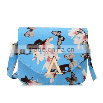 Korean stlye flower butterfly printing fashion big capacity blue womens designer bags ladies PU Leather hobo shoulder bags