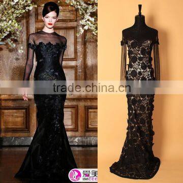 2015 New Arrival Wholesale Quality Sexy Lace Long Sleeves Fishtail Runway Style Name Brand Women Black Appliqued Dress For Party