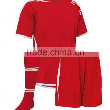 Soccer Kit (Shirt, Short, Socks) made of 100% Polyester fabric in Red & White Color Combination