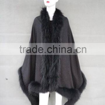 Custom Wholesale Poncho Design Cashmere Shawl /Raccoon Fur Hood Long Modal Scarf Cape