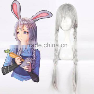 Hot Newest Carton Film Zootopia Rabbit Judy Hopps Cosplay Wig 80cm Silvery Braid Styled Heat Resistant Synthetic Hair Cos Wigs