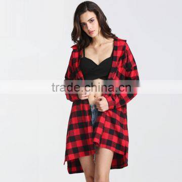 Women Red Plaid Boyfriend Top Bouse Long T Shirt Dress OEM ODM Type Clothing Factory Manufacturer From Guangzhou