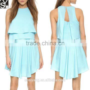 Girls Light Blue Cut Out Sleeve Double Layer Top Asymmetrical Mini Short Dress 2015