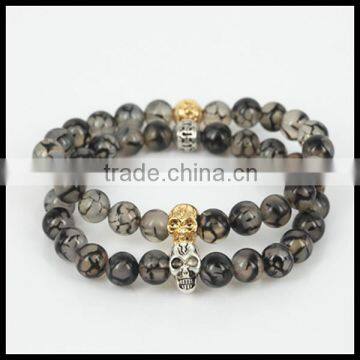 kjl-cst 125 Fashion silver/gold plated skull head men bracelet natural crack agate round stone beads women bracelet