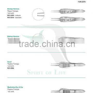Bishop-Harmon Tissue Forceps, Bishop-Harmon Dressing Forceps criss-cross serrated tips, Sauer Fixation, Manhattan Forceps