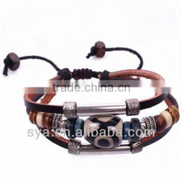 Wristband Ceram Alloy Wooden Beaded Leather Adjustable Bracelet