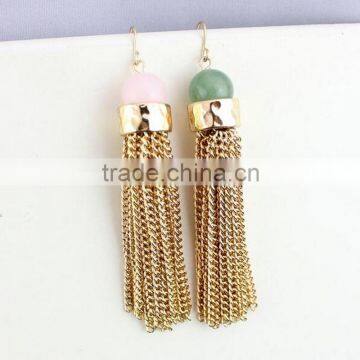 Mixed Color Semi Round Pink Jade Long Thick Gold Chain Tassels Earring Jewelries