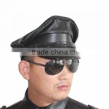 New Men's Police Style 100% Real Goatskin Leather Black Hat