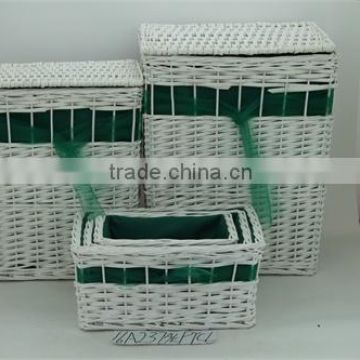 white wicker laundry basket; woodchip storage basket