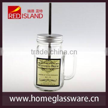 600ml glass mason jar with handle for beverage with lid and straw