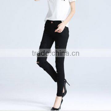 2017 Summer Latest Design Mid Waist Black Skinny Holes Denim Pants Elastic Pant for Women photo-2