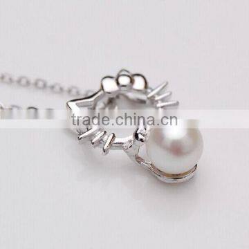 925 Sterling Silver Chain Cat Style Charm Natural Pearl Pendent Necklace photo-3