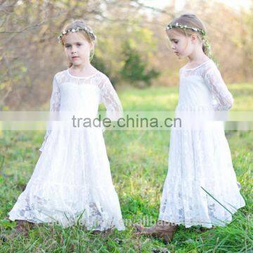 2017 Girl Lace Long Dress For Princess Wedding Party White/Cream Big Bow Long Sleeved Dress photo-4