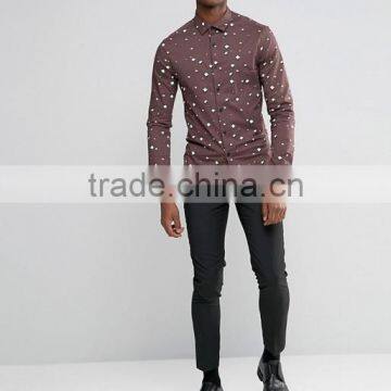 Long Sleeve Spread Collar Mens Pre-Shrunk 97% Cotton 3% Elastane Breathable Slim Fit Casual Brown Printing Shirts photo-4