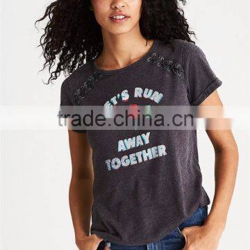 MGOO 2017 Summer Lace-up Graphic T-shirt With Grommets Ladies Sublimation Print Design Fashion T Shirt photo-3