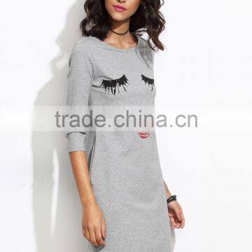 Grey Raw Hem Closed Eyes Print Dress Cotton Spandex 3/4 Sleeve Summer Cartoon Pocket Tee Dress photo-3