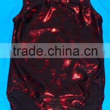 Clearance Gymnastics Leotards Dance and Short Set in Limited Sizes - Red Holographic Semi Circles on Black Backround photo-2