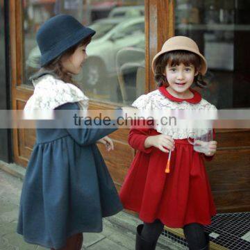 Lace Neck Children Fashion Dress for Sweat Girl Pure Color Frock Model for Children Girl photo-2