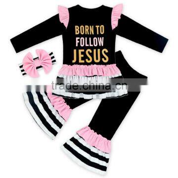 66TQZ463 Yiwu Lovebaby Cotton & Polyester Wholesale Long Sleeve Black Top Big Ruffle Bottom for Easter Day Remake Boutique Set photo-2