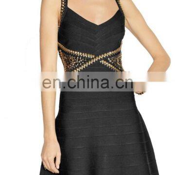 Wholesale Fashion Women Sexy Bandage Dress With Flared Skirt Black Stretch Embellished Cheap Rayon Bandage Dress photo-3