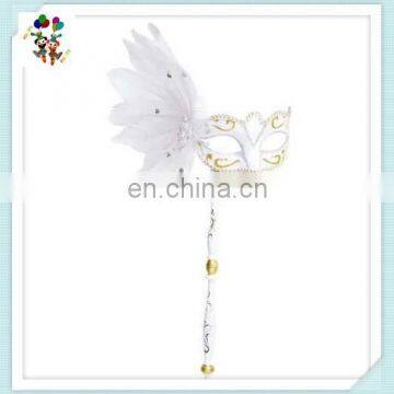 Mardi Gras White Feather Masquerade Party Eye Masks On Stick HPC-0468